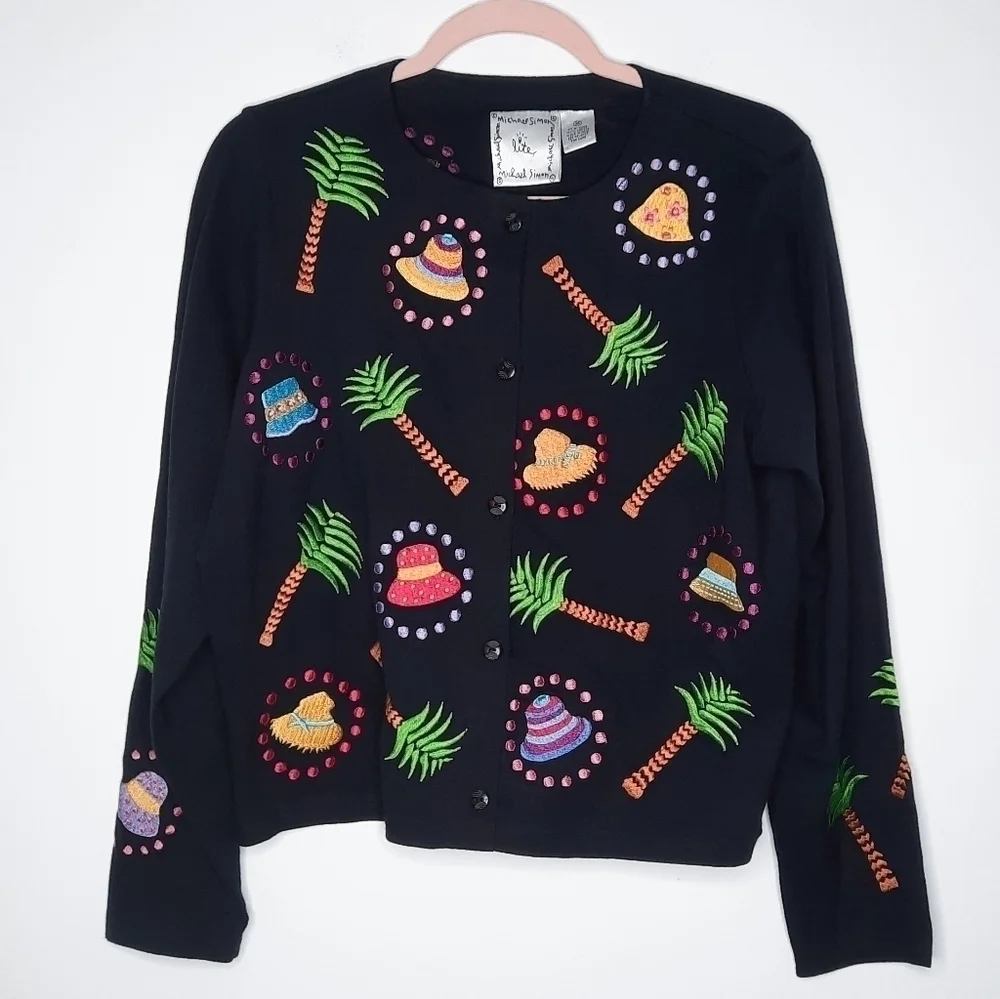 Vintage Michael Simon Tropical Hat Embroidered Cardigan M